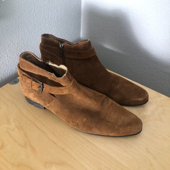 Asos Suede Pointed Toe Buckle Ankle Moto Booties - Picture 3 of 9